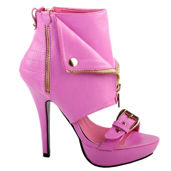 

punk stud buckle high heels stilettos pump with zip platform bootie sandal pink dress shoes, Black