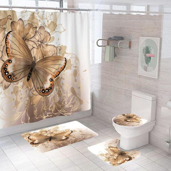 

shower curtains butterfly flower bathroom set with curtain and rugs waterproof non-slip toilet seat cover bath mats carpet