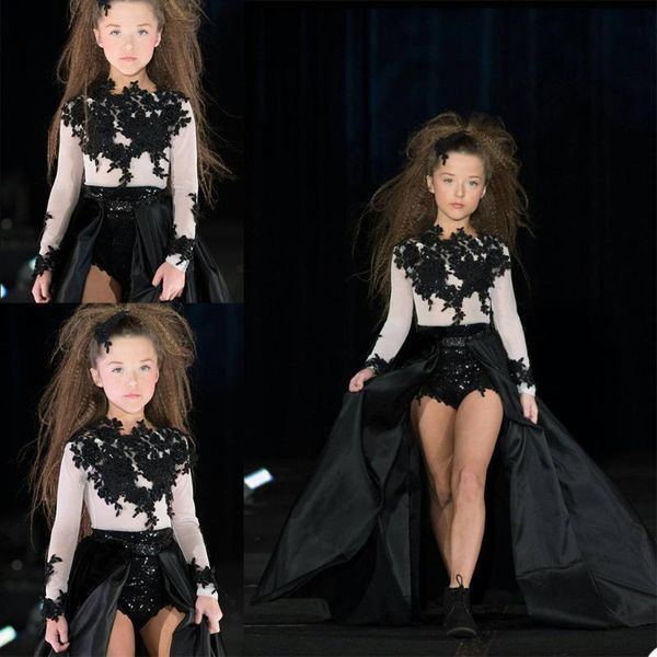 

girl's dresses black a line flower girls long sleeves lace appliques kids runway fashion pageant dress, Red;yellow