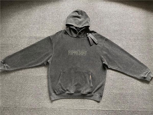 

men's hoodies & sweatshirts oversize crewneck pullover wash grey represent hoodie men women 1:1 vintage embroidered logo hooded, Black