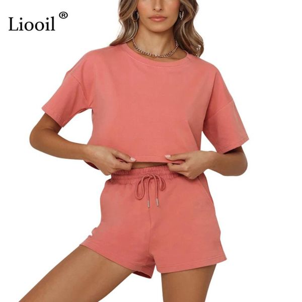 

liooil casual 2 piece set women short and shorts with pocket 2021 summer streetwear black tracksuit jogger female sets women's tra, Gray