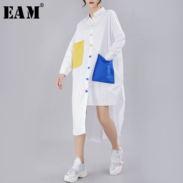

[eam] new spring autumn lapel long sleeve panelled button pocket split loose big size shirt women blouse fashion tide jy776 210410, White