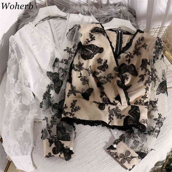 

woherb v neck long sleeve shirts butterfly pattern lace patchwork blouse see through back zipper vintage fashion 91525 210401, White