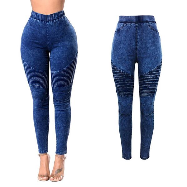 

women's jeans women high waist long denim pencil pants oversize skinny elastic wais slim pleated solid casual 2021 autumn feminina, Blue
