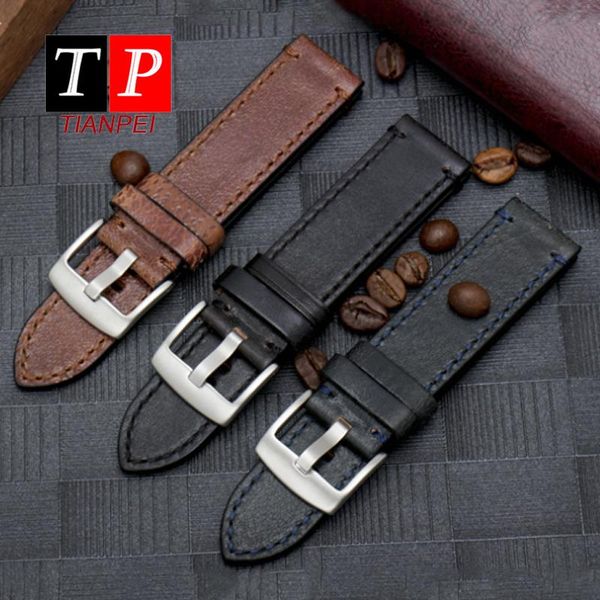 

watch bands genuine leather 22mm for brown cowhide band suture 23mm strap replace blue black bracelet men's, Black;brown