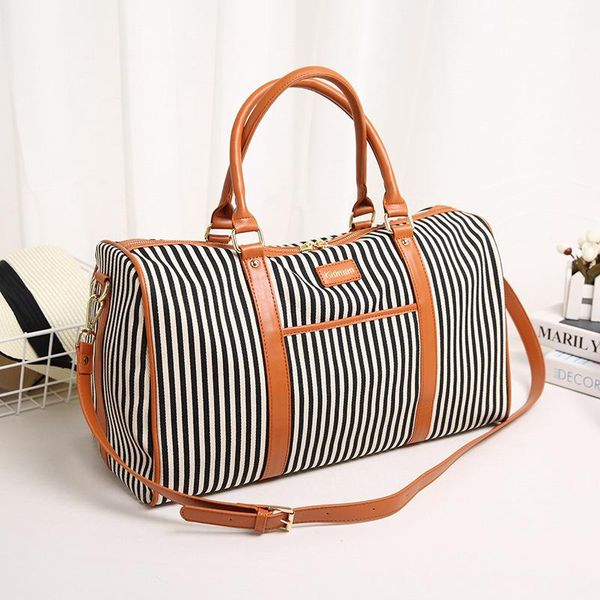 

duffel bags canvas+pu leather women travel bag fashion striped tote large weekend female packing cubes suitcase shoulder