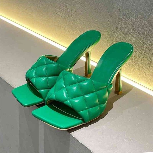 

square peep toe thin high heel slippers women rhombic genuine leather candy color sandals summer party shoes lazyman mules, Black