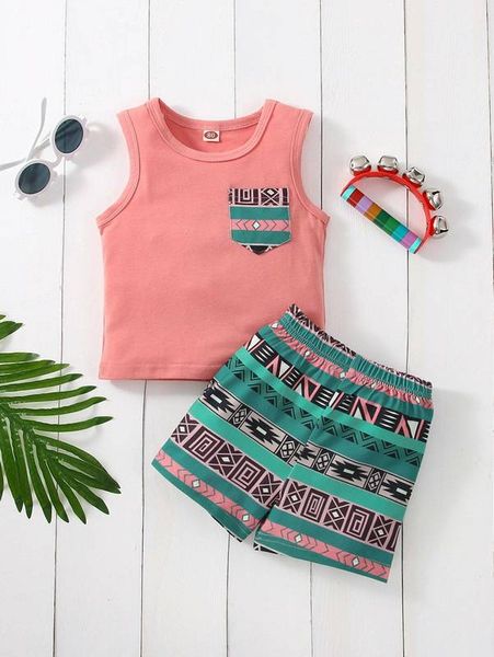 

baby geo print pocket patched tank with shorts she, White