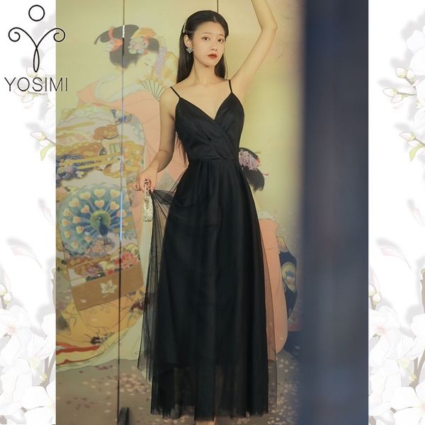 

yosimi v-neck sleeveless women black dress summer maxi mesh spaghetti strap long tunic evening party vestidos 210604, Black;gray