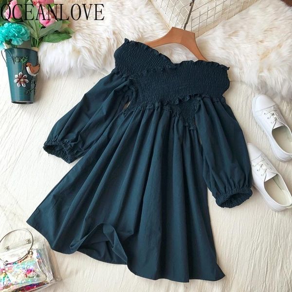 

casual dresses oceanlove 2021 spring solid half sleeve women dress off shoulder v neck high waist korean vestidos mini 14080, Black;gray