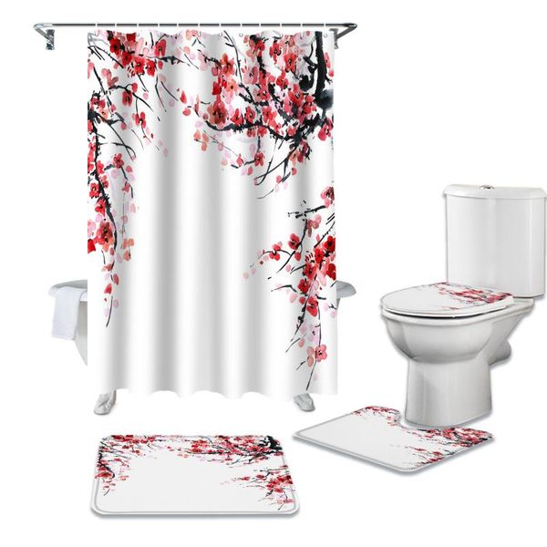 

shower curtains 4pcs/set watercolor painting pink flowers print curtain bathroom toilet cover mat non-slip rug set bathtub decor