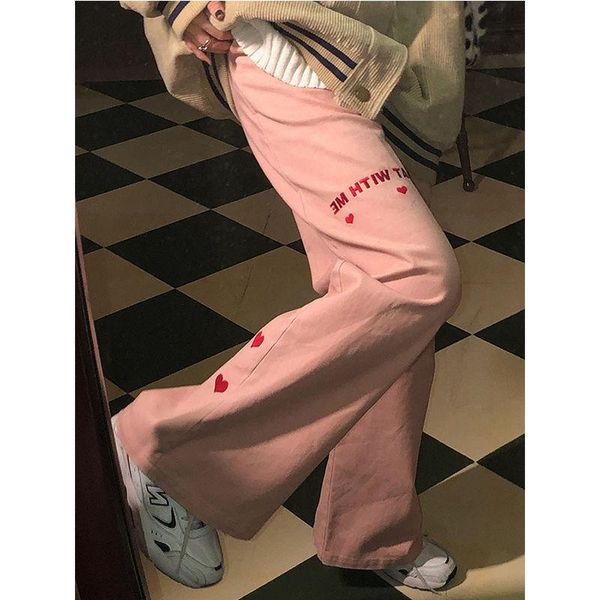 

women's jeans love embroidery straight-leg pants trousers high waist wide-leg korean fashion loose ladies pink, Blue