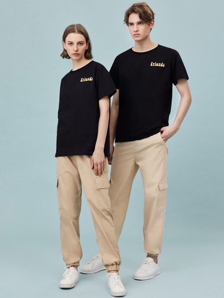 

romwe 1pc drawstring cargo joggers 69p7#, Black