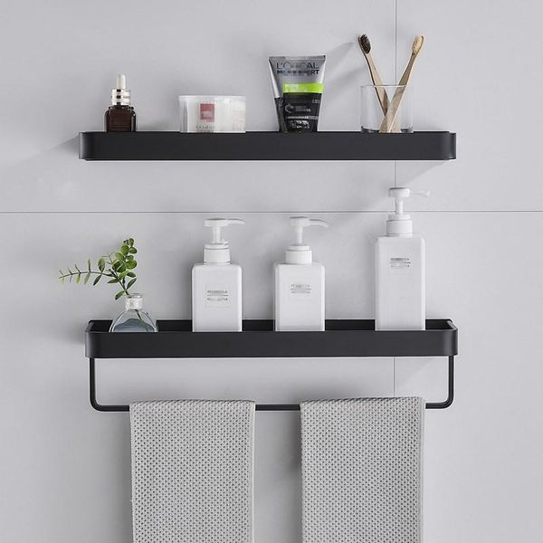 

black aluminum towel shelf bathroom storage rack wall-mounted tray vanity shower caddy spice organizer 30/40/50cm hooks & rails