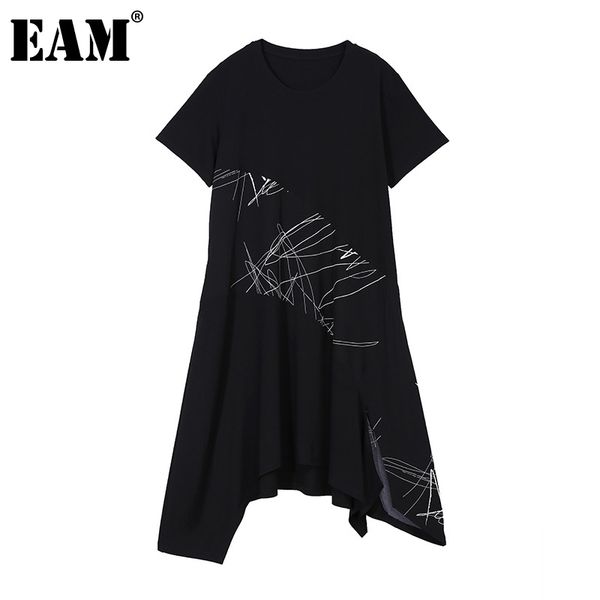 

[eam] women black pattern printed long dress round neck short sleeve loose fit fashion spring summer 1dd8715 210512, Black;gray