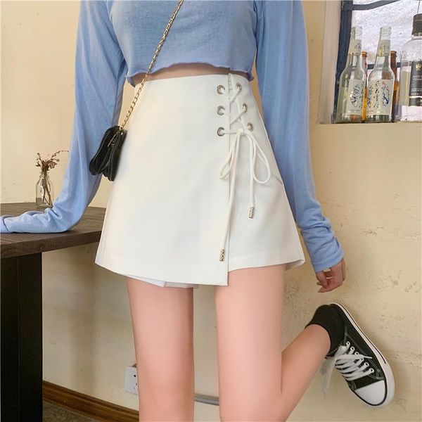 

high waist skirt korean women short wide leg criss cross harajuku irregular drawstring white casual office wear fashion, White;black