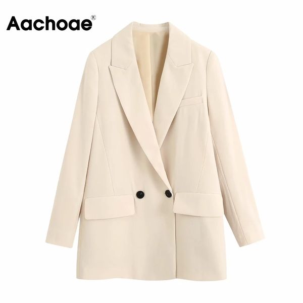 Aachoae Solido Giacca Sportiva Casual Abiti da Donna Doppio Petto Elegante Ufficio Top Manica Lunga Color Albicocca Lady Blazer Primavera Autunno 210413