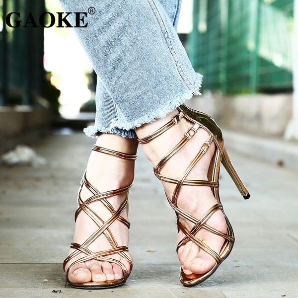

woman sandals summer shoes gladiator cross tie high heel black glod party