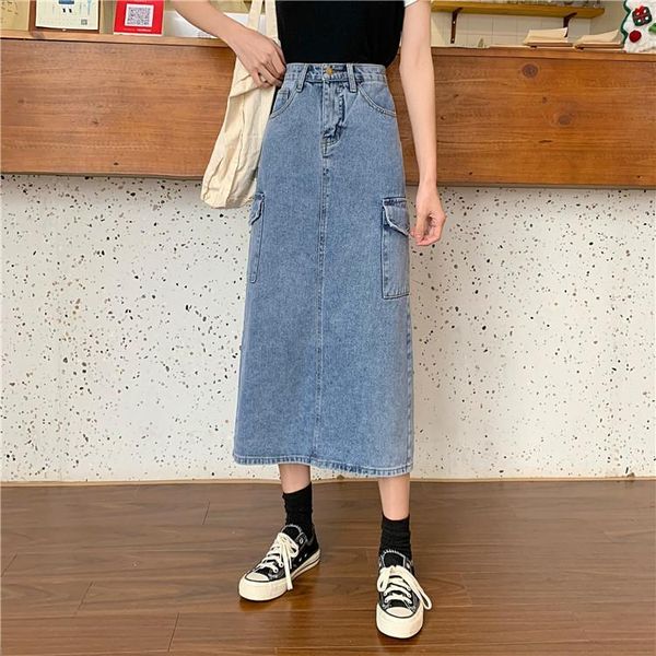 

qooth women denim skirt long saia jeans women's skirts for summer vintage black female 6625