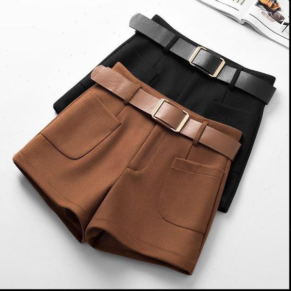 

women short woolen shorts autumn winter wide leg mini feminino booty with belt pockets f224, White;black