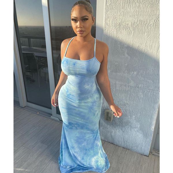 

echoine tie dye printed long maxi dress elegant backless summer dresses vacation lace up sundress ladies skinny vestidos x0521, Black;gray