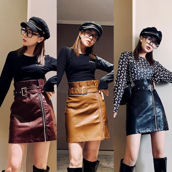 

skirts women winter snake print korean fashion high waist slimming ladies leather skirt plus size pu package hip, Black