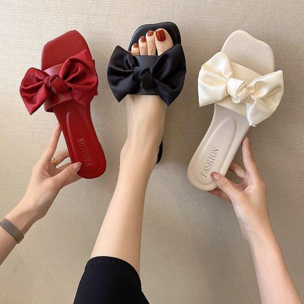 

summer sandals women's flat shoes casual open-toed pu non-slip bowknot 42 slippers, Black