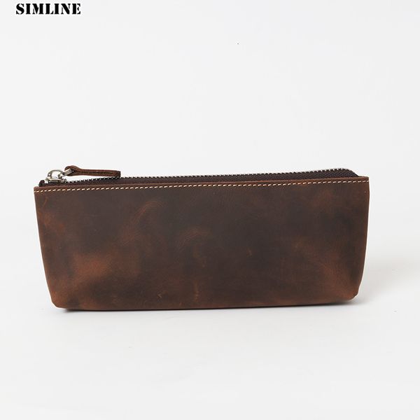 

classic wallets simline genuine leather pen pencil bag men woman vintage crazy horse cowhide long zipper coin purse storage case male, Red;black