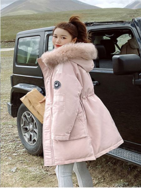 

fashionable lady's coat cotton jacket thickened real down filling warm waist loose large size winter, Black