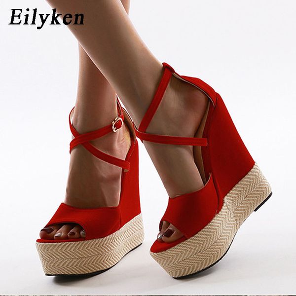 

new woman straw summer sandals woman platform wedge high heels party red women shoes size 41 42, Black