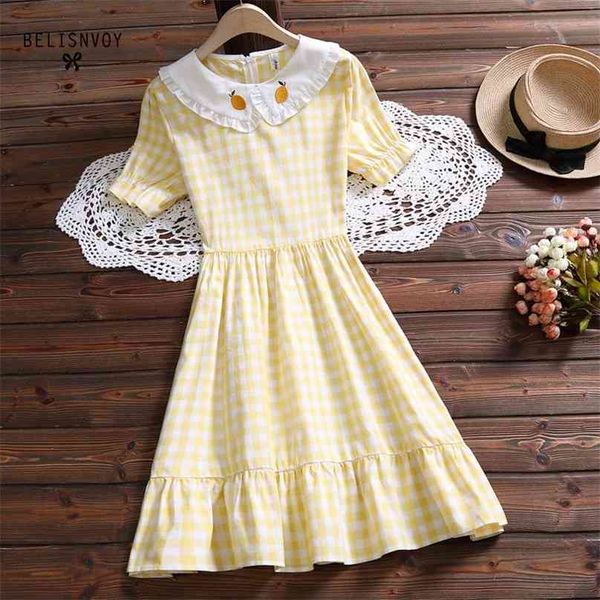 

japan mori girl preppy style summer dress women embroidery short sleeve plaid es kawaii girl's ruffles mini 210520, Black;gray
