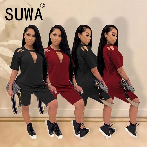 

simple pure color deep v neck short sleeve crop and 2 pieces set tight tracksuits women's, Gray