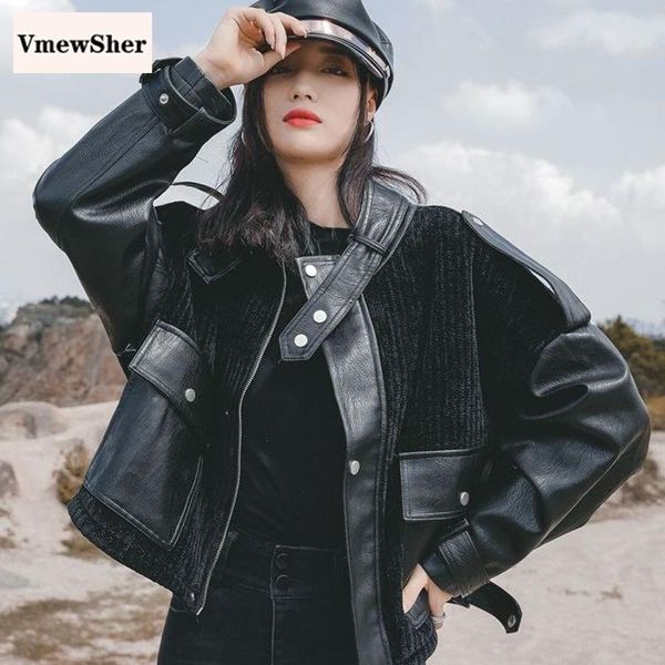 

women's jackets vmewsher winter faux leather jacket women corduroy patchwork zipper buckle moto cool streetwear lady thick pu coat outw, Black;brown