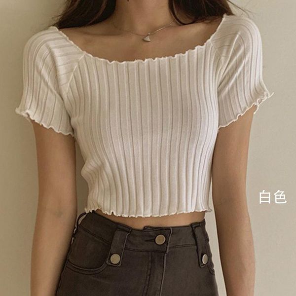 

women's t-shirt women t-shirts off shoulder knitting crop short sleeve stretchy ruffles hem tee shirts 2021 summer tees, White
