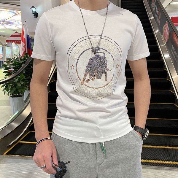 

short polo men's shirt 2021 summer personality fashion multicolor taurus diamond korean slim fitting round ne half sve t-shirt, White;black