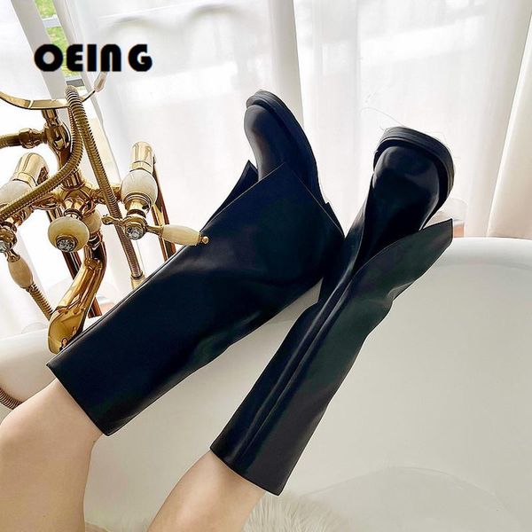 

boots 2021 winter women knee high ladies round toe knight motorcycle flat long shoes fashion footwear female comfort botas, Black