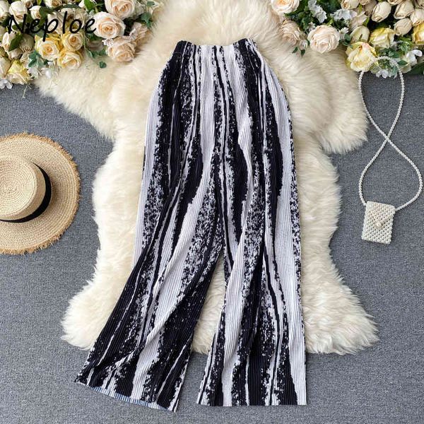 

women wide leg pants autumn korean tie dye straight loose pleated high waist casual pantalon femme 82028 210430, Black;white