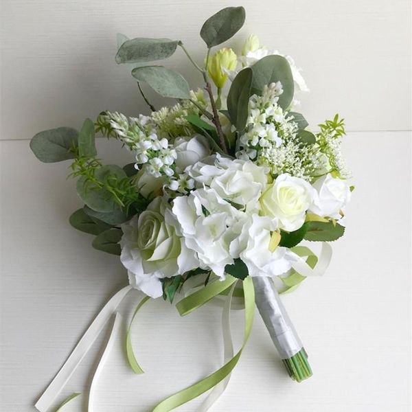 

6pcs/packgreen white series silk cloth imitation flower bride bouquet wedding decorative bridesmaid flowers & wreaths