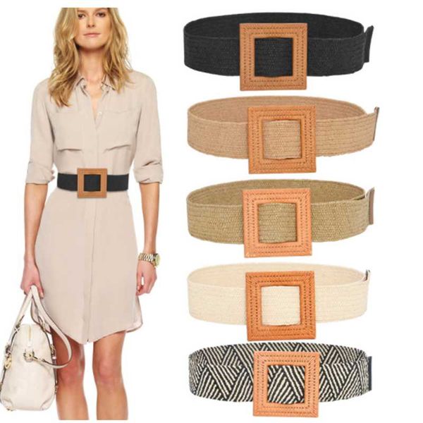 

belts fashion design square wooden buckle dress belt for women casual braided wide strap woven elastic pp straw decoration gift, Black;brown