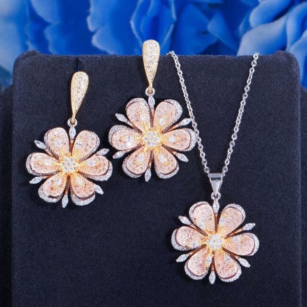 

3d geometric three tone gold color summer flower drop earrings and necklace jewelry set for women party wedding t543 210714, Silver