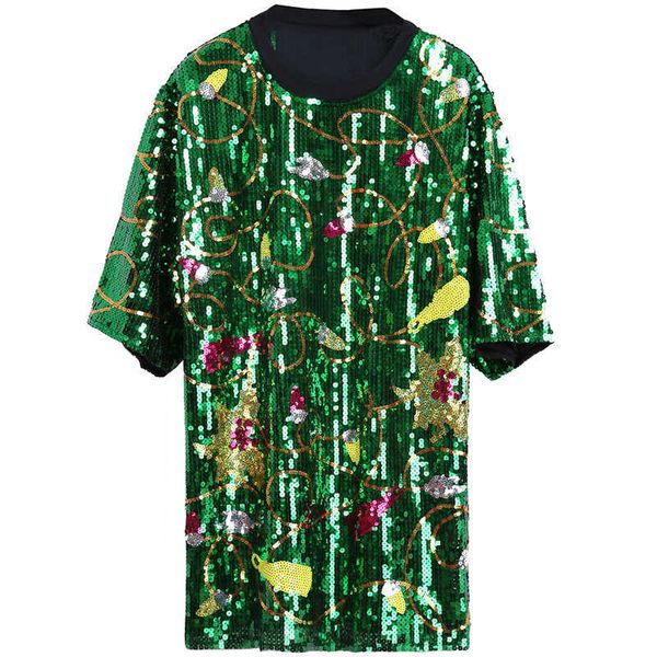 

perhaps u women green black blue t-shirt o neck short sleeve sequined loose women summer b0773 210529, White;black