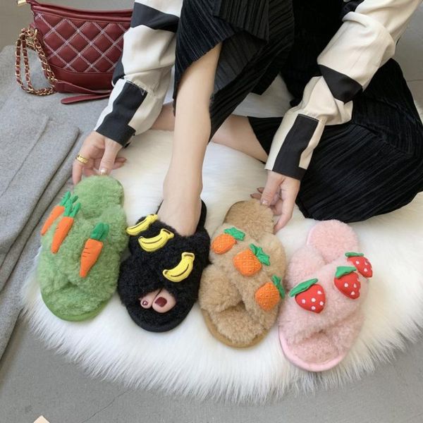 

slippers women's outer wear cross lamb plush fruit one-word shoes women kawaii, Black