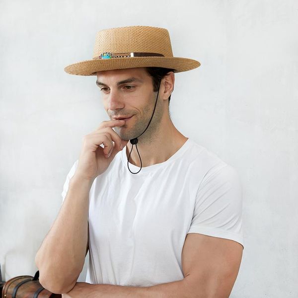 

wide brim hats big size61cm summer fashion raffia straw pork pie pork-pie sun hat beach travel outdoor boater cap turquoise leather b, Blue;gray
