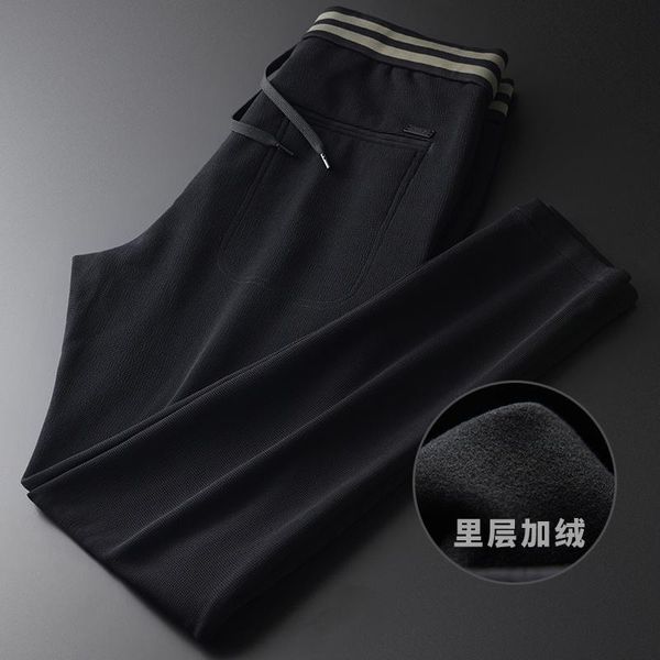 

men's pants plush thickened contrast rib casual fashion drawstring elastic waist black straight