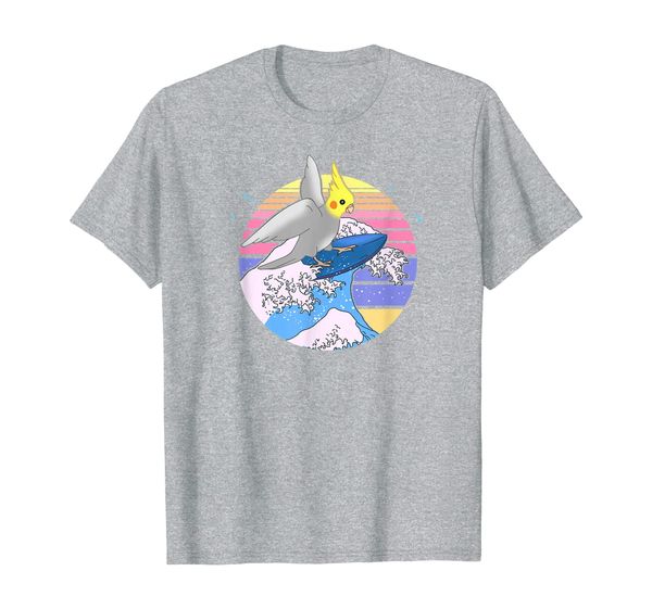 

funny cute birb parrot doodle, aesthetic surfing cockatiel t-shirt, White;black