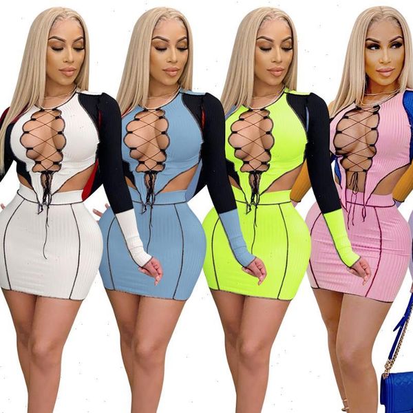 

zoctuo color patchwork two womens dresses piece sets autumn winter long sleeve set outfits cut out crop mini skirt, White