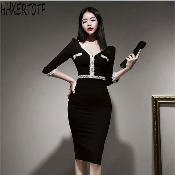

autumn winter elegant women pencil dress v-neck vestidos bodycon casual dresses, Black;gray