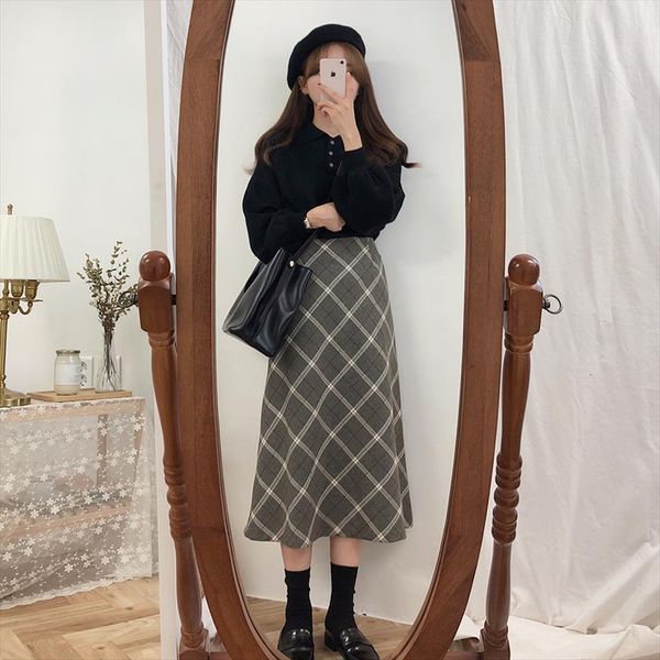 

plus size harajuku long women skirt korean grey plaid zipper high waist school girl vintage, Black