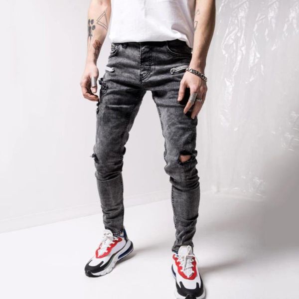 

men's jeans fashion skinny pants oversized ripped slim hole streetwear trousers clothing, Blue