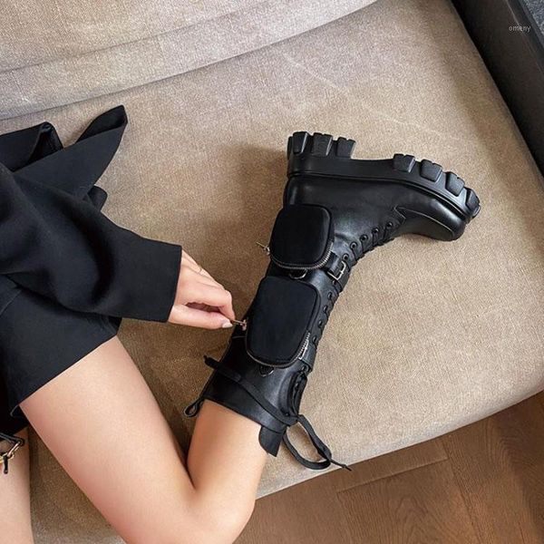 

boots 2021 european and american cowhide sponge cake bottom side pockets fashion plus size women's catwalk shoes1, Black